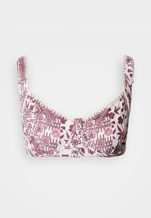 Rinnahoidja lillemustriga burgundi ja roosa toonides, laiade rihmade ja keskelt kokkusurutud detailiga. Sile kangas kerge läikega.