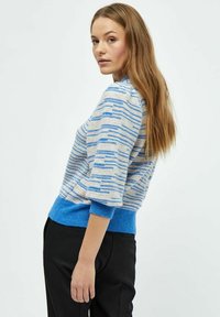 Kootud sviiter on kaunistatud siniste ja beežide horisontaalsete triipudega, sellel on ümar kaelus ja kolmeveerandi pikkuses varrukad. Ribakant siniseks on kontrastiks põhikehale.