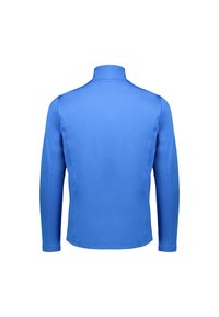 Blå jakke med lange ærmer og høj krave. Glat tekstur, ingen mønstre, med et moderne design. Bagfra set.
