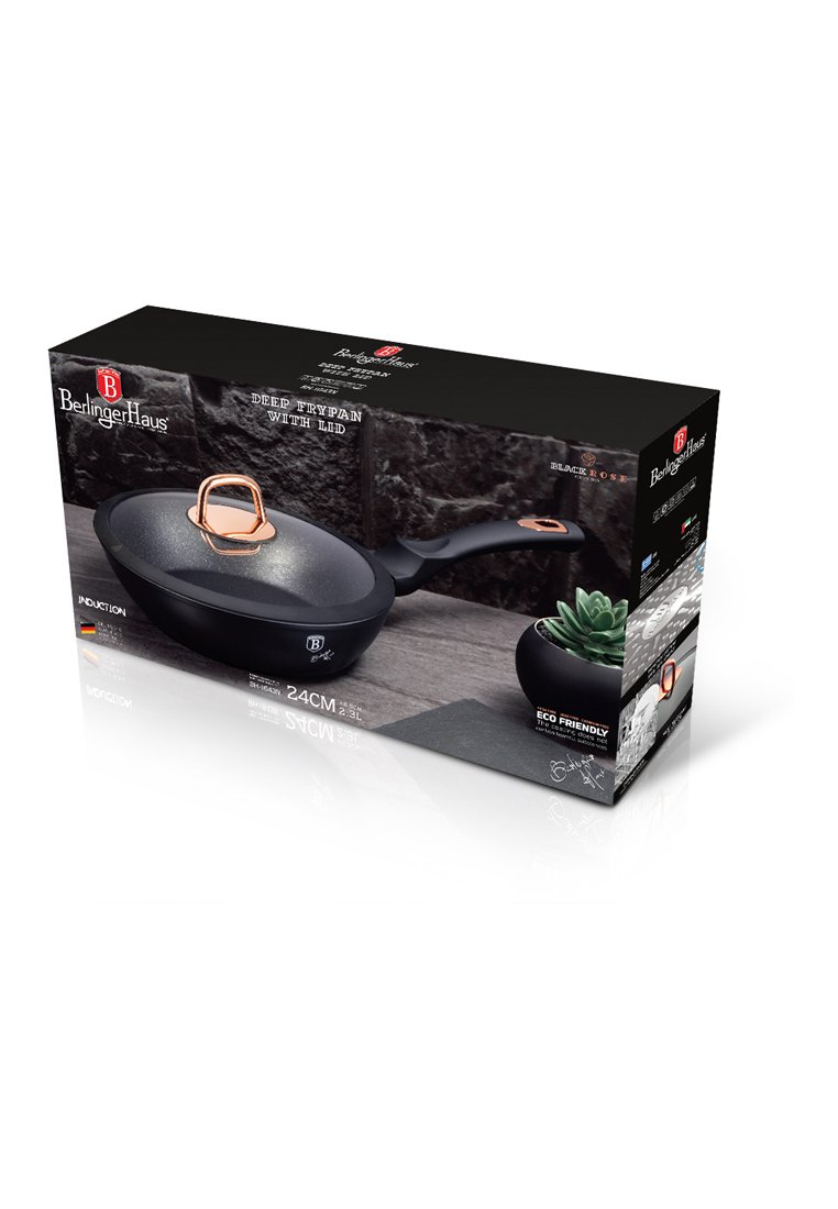Sartén antiadherente de color negro intenso con un diámetro de 24 cm y mango de color cobre, presentado en una caja de marca con tapa y etiquetado ecológico.