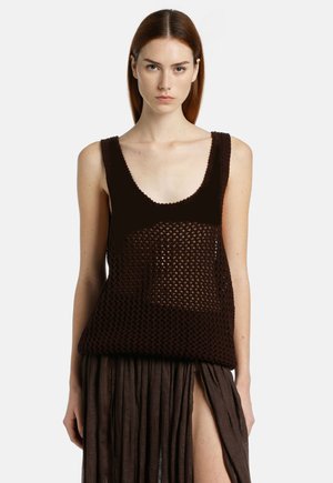 Brown crochet tank top with a loose fit and wide straps, featuring a netted design and a textured, layered bottom hem.
