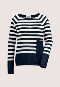 Langärmeliges Hemd in Marineblau mit weißen Streifen, im unteren Bereich in einfarbig Marineblau, mit einer quadratischen Tasche auf der rechten Seite.