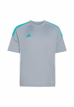 Maglietta sportiva a maniche corte grigio chiaro con strisce turchesi sulle spalle e logo Adidas turchese sul petto sinistro, etichetta in tessuto Climalite in basso a destra.