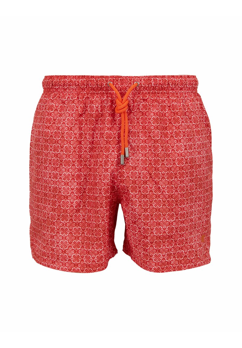 Pantaloni da bagno rossi con un intricato motivo floreale, vita elasticizzata e cordoncino arancione. Realizzati in tessuto leggero.
