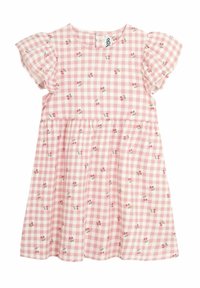 Vaaleanpunainen ruudullinen mekko, jossa on lyhyet hulmuavat hihat ja pieniä kukkakuosisia yksityiskohtia. Kevyestä kankaasta valmistettu, mekossa on alaspäin laskeutuva vyötärö ja pehmeä tuntuma.