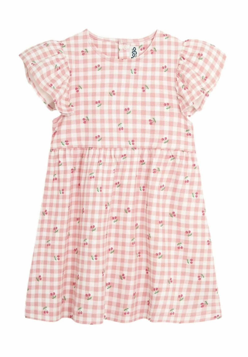 Vaaleanpunainen ruudullinen mekko, jossa on lyhyet hulmuavat hihat ja pieniä kukkakuosisia yksityiskohtia. Kevyestä kankaasta valmistettu, mekossa on alaspäin laskeutuva vyötärö ja pehmeä tuntuma.