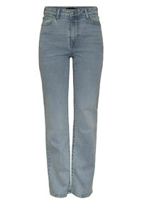 Helle blaue High-Waist-Jeans mit geradem Bein, mit vorderem Knopf- und Reißverschluss, fünf Taschen und Gürtelschlaufen.