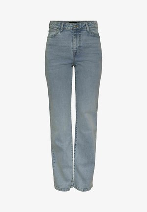 Jean droit taille haute bleu clair avec fermeture à bouton et à zip à l'avant, cinq poches et passants de ceinture.