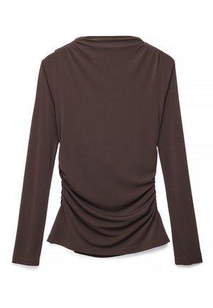 Dunkelbraunes Langarmshirt mit gerafften Seitendetails, flach liegend mit der Rückseite nach vorne gezeigt.