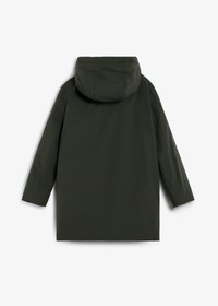 Abrigo verde oscuro con capucha y corte recto, que presenta mangas largas y una textura suave. La parte trasera tiene un diseño sencillo sin herrajes visibles.