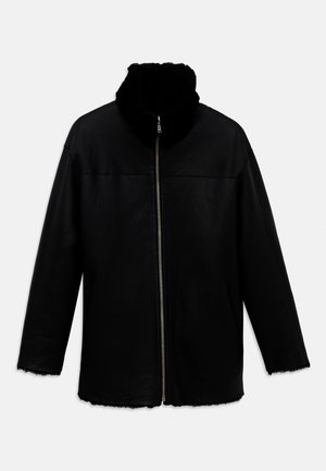 Black leather jacket with front zipper, high fur-lined collar, long sleeves, and side pockets, displayed on a white background.