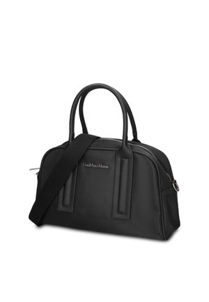 Borsa rettangolare nera con due manici arrotondati, tracolla staccabile, chiusura con cerniera e piccolo logo metallico sul pannello frontale.