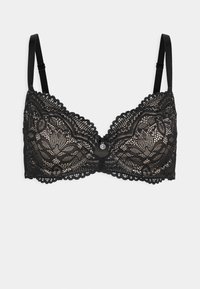Μαύρο σουτιέν από δαντέλα με ανθισμένο σχέδιο, κοφτές άκρες και ρυθμιζόμενους ιμάντες. Στο κέντρο διαθέτει μια μικρή διακοσμητική λεπτομέρεια.