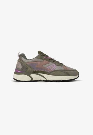 Green and pink athletic sneakers with a combination of mesh and suede materials, featuring a thick white sole and prominent stitching details.