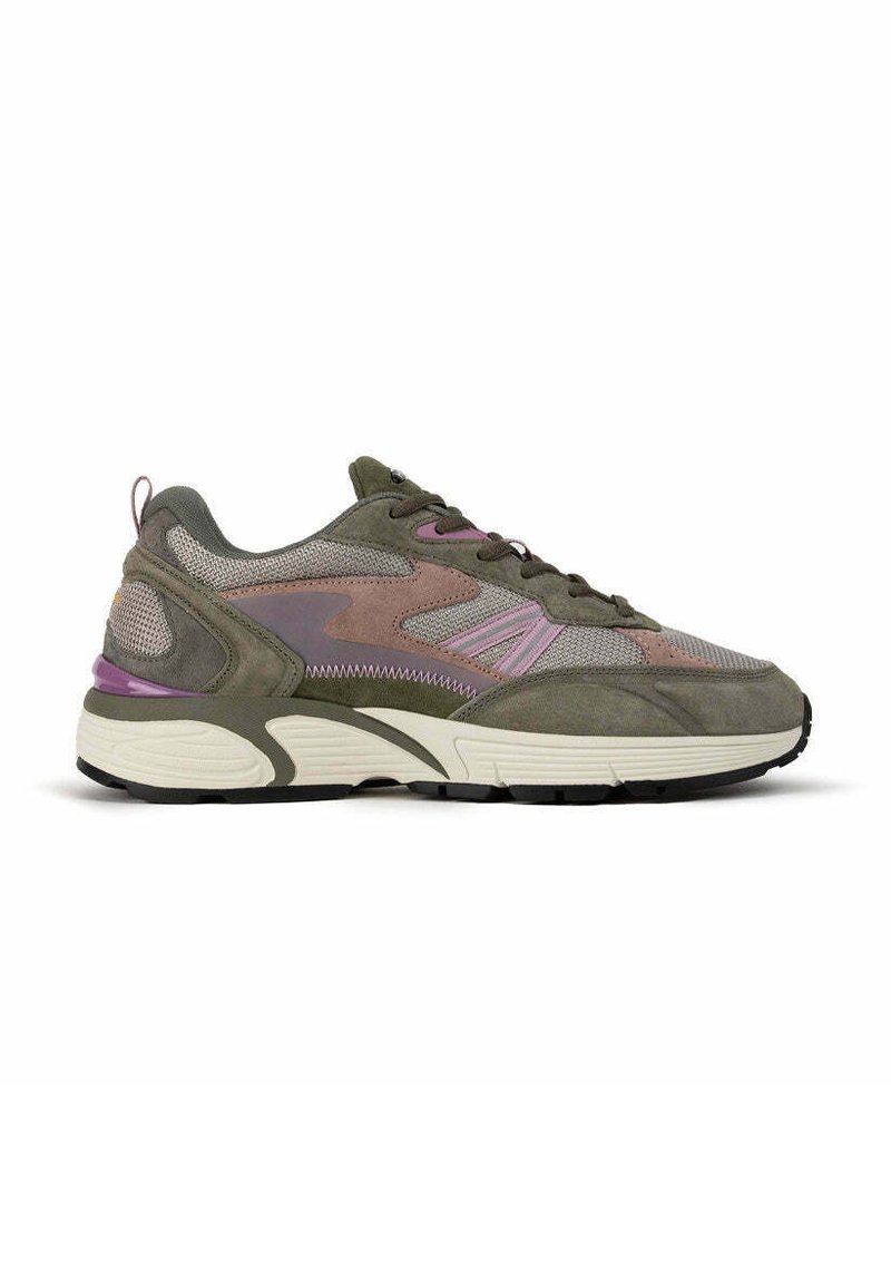 Green and pink athletic sneakers with a combination of mesh and suede materials, featuring a thick white sole and prominent stitching details.
