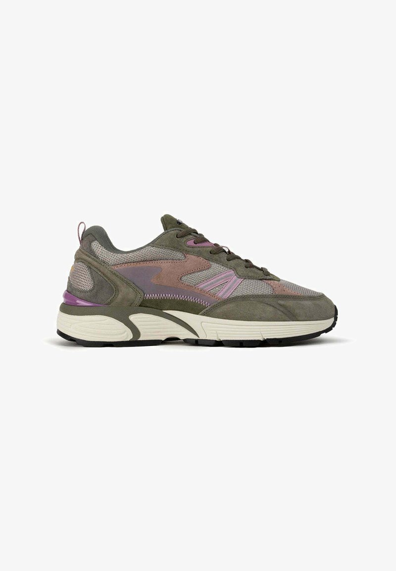 Green and pink athletic sneakers with a combination of mesh and suede materials, featuring a thick white sole and prominent stitching details.