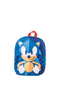 Zaino blu con un grafico del personaggio Sonic in 3D. Materiale liscio e lucido con un manico rosso e dettagli a motivo pixelato.