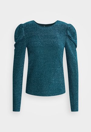 Teal glitter top with long sleeves and puffed shoulders. Smooth texture and round neckline. Fitted design enhances silhouette.