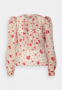 Durchsichtige beige Bluse mit rotem Blumenmuster und braunen Polka-Dots. Verfügt über einen gerafften Vorderteil, lange Ärmel und dekorative Knöpfe. Strukturierter Stoff.