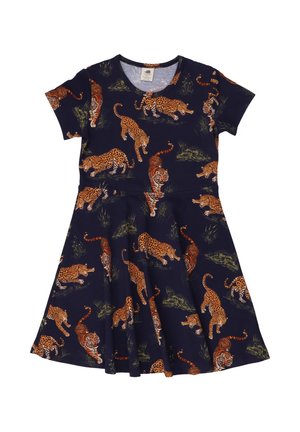 Navy blue short-sleeve dress with flared skirt, featuring orange tigers and leopards in various poses with green grass accents.