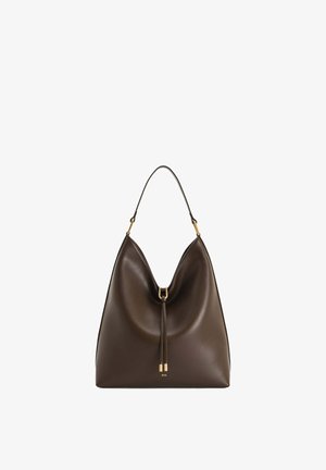 Sac hobo en cuir marron foncé avec une bandoulière unique, un cordon central avec des accents métalliques dorés et une finition lisse texturée.
