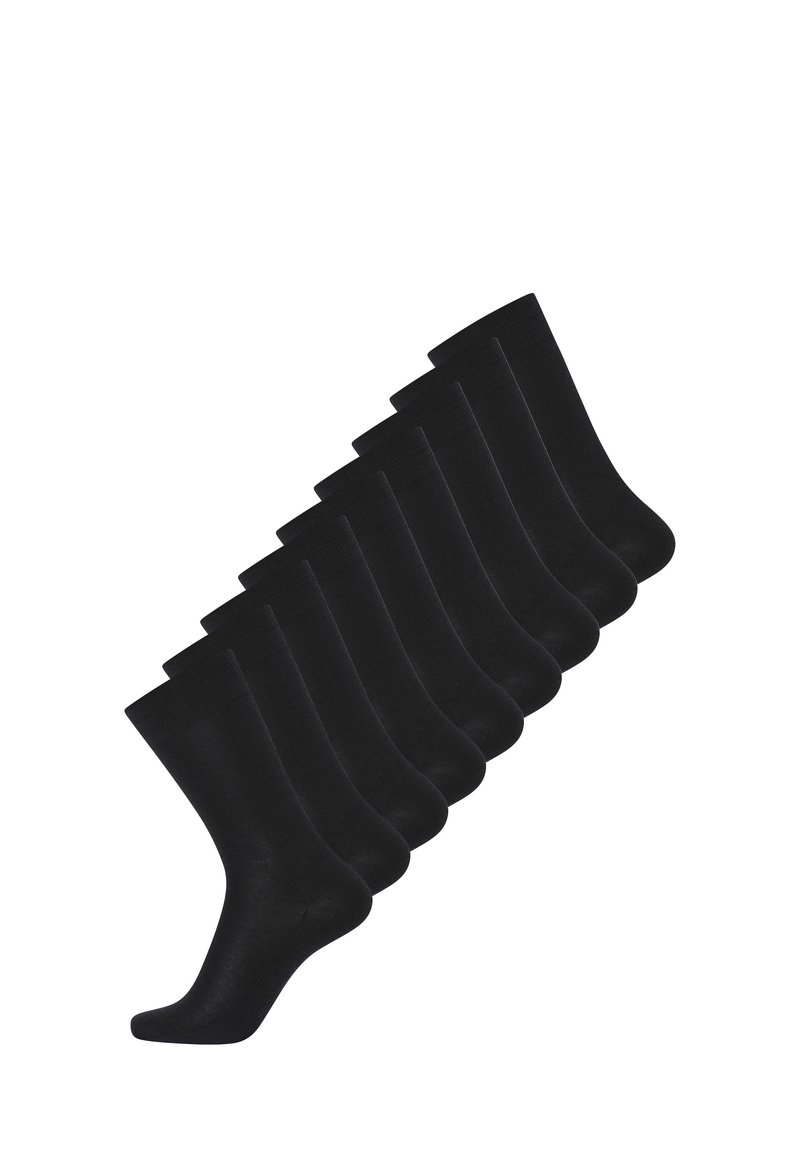 Sorte bomuldsokker i et sæt af ti. Glat tekstur, længde til midt på læggen, med ribbet manchet og sømløst tådesign.