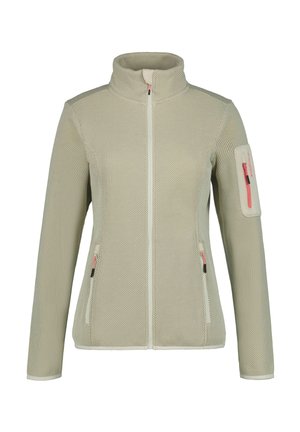 Light beige textured zip-up jacket with high collar, two front zip pockets, and one zip pocket on the left sleeve with pink accents.