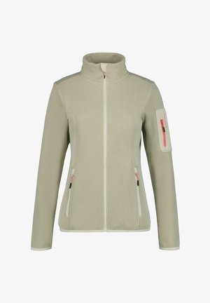 Light beige textured zip-up jacket with high collar, two front zip pockets, and one zip pocket on the left sleeve with pink accents.