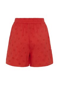 Shorts à taille élastique rouge avec motif floral brodé en découpe, tissu léger et coupe ample.