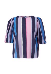 T-shirt à manches courtes avec un col rond, présentant des rayures verticales dans différentes teintes de bleu, rose et violet. Tissu doux, manches légèrement bouffantes.