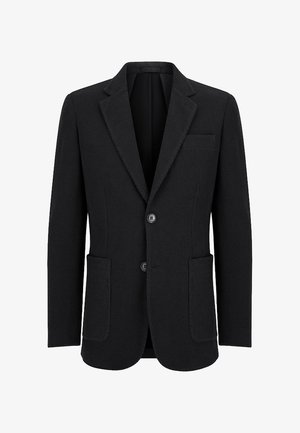 Czarny żakiet o prążkowanej teksturze, z dwiema przednimi kieszeniami i kieszenią na piersi. Posiada jednorzędowy fason z dwoma guzikami.