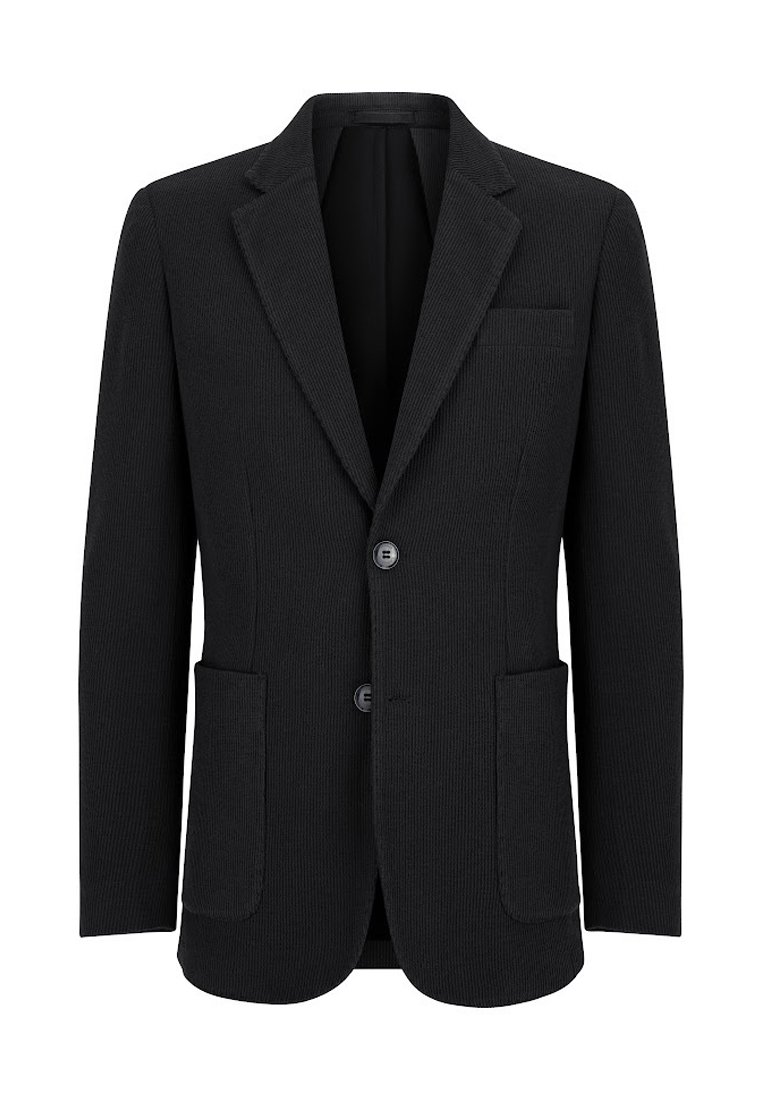Czarny żakiet o prążkowanej teksturze, z dwiema przednimi kieszeniami i kieszenią na piersi. Posiada jednorzędowy fason z dwoma guzikami.