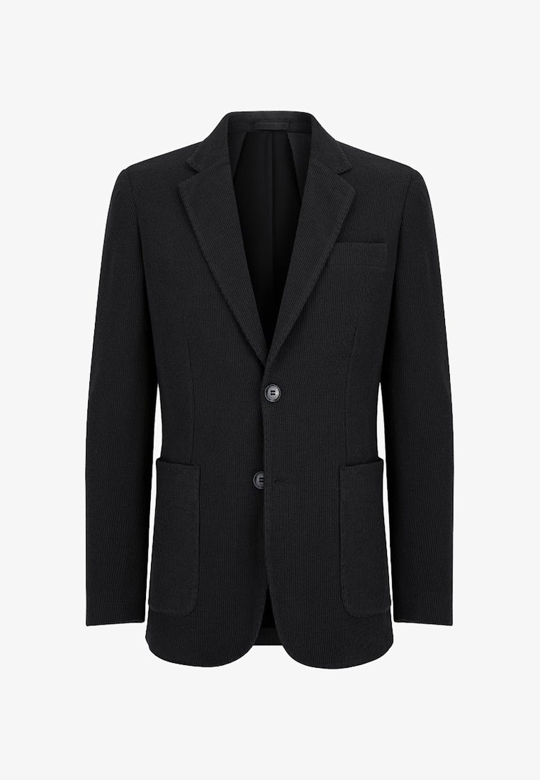 Czarny żakiet o prążkowanej teksturze, z dwiema przednimi kieszeniami i kieszenią na piersi. Posiada jednorzędowy fason z dwoma guzikami.