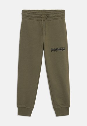 Olivgrüne Sweatpants mit elastischem Bund, verstellbarem Kordelzug, Seitentasche und schwarzem "NAPAPIJRI geographic" Logo-Detail.