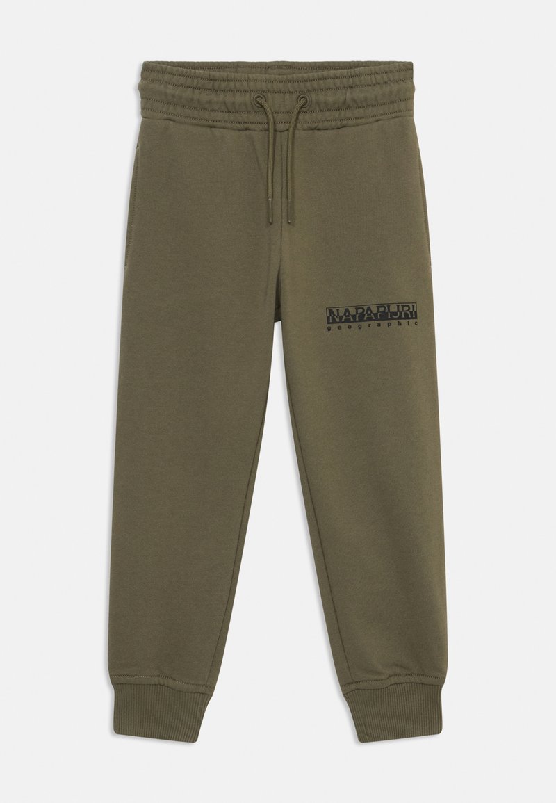 Olīvu zaļas sporta bikses ar elastīgu jostu, pielāgojamu auklu, sānu kabatu un melnu "NAPAPIJRI geographic" logo detaļu.