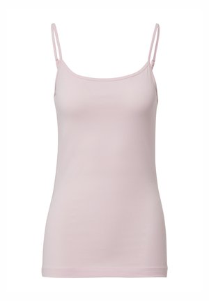 Lichtroze top met dunne verstelbare banden, gemaakt van zachte, gladde stof. Heeft een recht afgesneden zoom en een minimalistisch ontwerp.