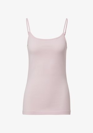 Lichtroze top met dunne verstelbare banden, gemaakt van zachte, gladde stof. Heeft een recht afgesneden zoom en een minimalistisch ontwerp.
