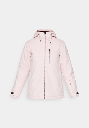 Pink insulated jacket with a hood, front zipper, chest pocket, and adjustable cuffs. Smooth texture and minimalistic design.