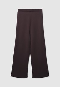 Pantaloni a gamba larga, marrone scuro, con vita alta, realizzati in un tessuto morbido, mostrati su uno sfondo chiaro e semplice.