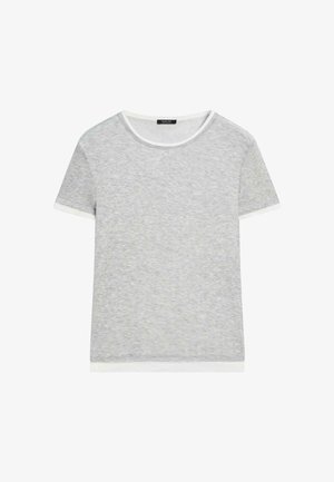 Light gray short-sleeve t-shirt with white trim on sleeves, neckline, and hem, displayed on a white background.