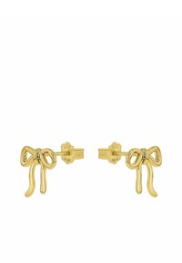 Orecchini a perno in metallo dorato a forma di fiocchi, con curve morbide, due estremità pendenti e chiusure a pressione sicure.