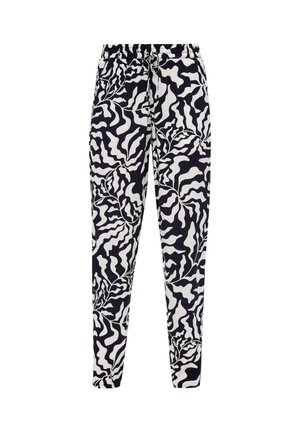 Pantaloni realizzati in un materiale leggero con un motivo a foglie ondulate in bianco e nero. Hanno una vita elastica e gambe affusolate.