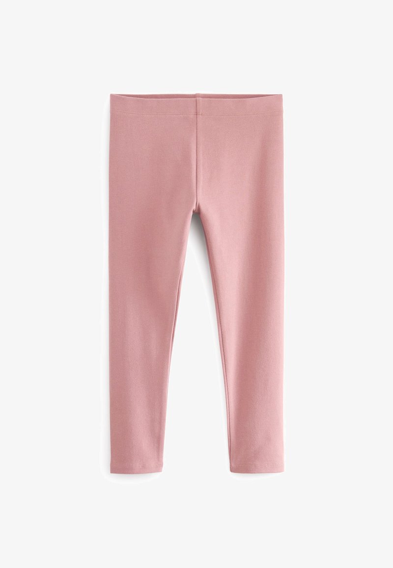 Leggings rosa realizzati in tessuto elastico, caratterizzati da un design semplice, una texture liscia e una vita alta senza alcun motivo o decorazione.