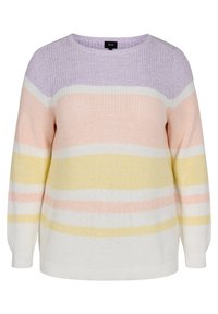 Sweter dziergany z okrągłym dekoltem, w poziome paski w kolorach lawendy, brzoskwiniowym, białym, żółtym i delikatnym różowym. Teksturowany materiał.