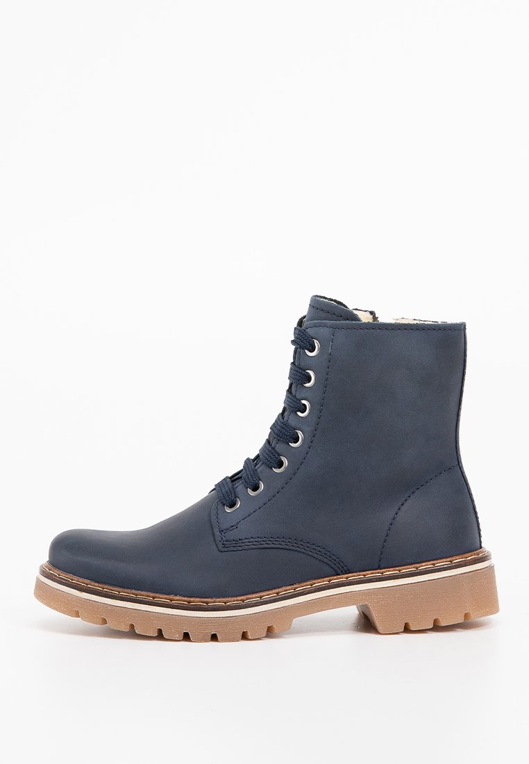 Marineblaue Leder-Absatzschuhe mit runder Zehenpartie, Schnürung mit sechs Ösen, brauner Gummisohle und kontrastierender Naht entlang der Sohlenkante.