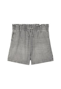 Szare dżinsowe szorty z elastycznym pasem, sznurkiem do regulacji oraz dwoma bocznymi kieszeniami. Materiał ma lekko teksturowane wykończenie.