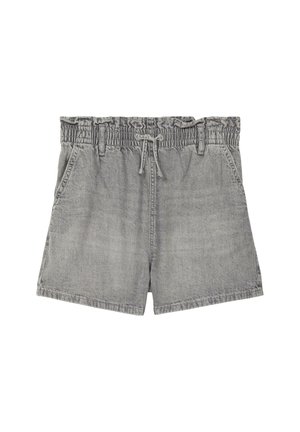 Gray denim shorts with an elastic waistband, drawstring, and two side pockets. The fabric has a slightly textured finish.