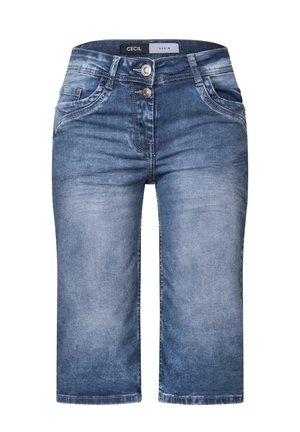 Denim capri pants in faded blue with two-button closure, double front pockets, and a straight leg cut. Smooth texture with light distressing.