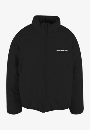 Black puffer jacket featuring a high collar, front zipper, and a small logo patch on the left chest. Material has a smooth texture.