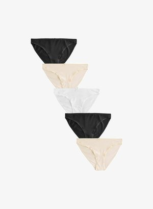 Penki bikini stiliaus apatinių kelnaičių poros: dvi juodos, vienos baltos ir dvi bežinės. Pagamintos iš glotnaus audinio su elastingomis juostelėmis.